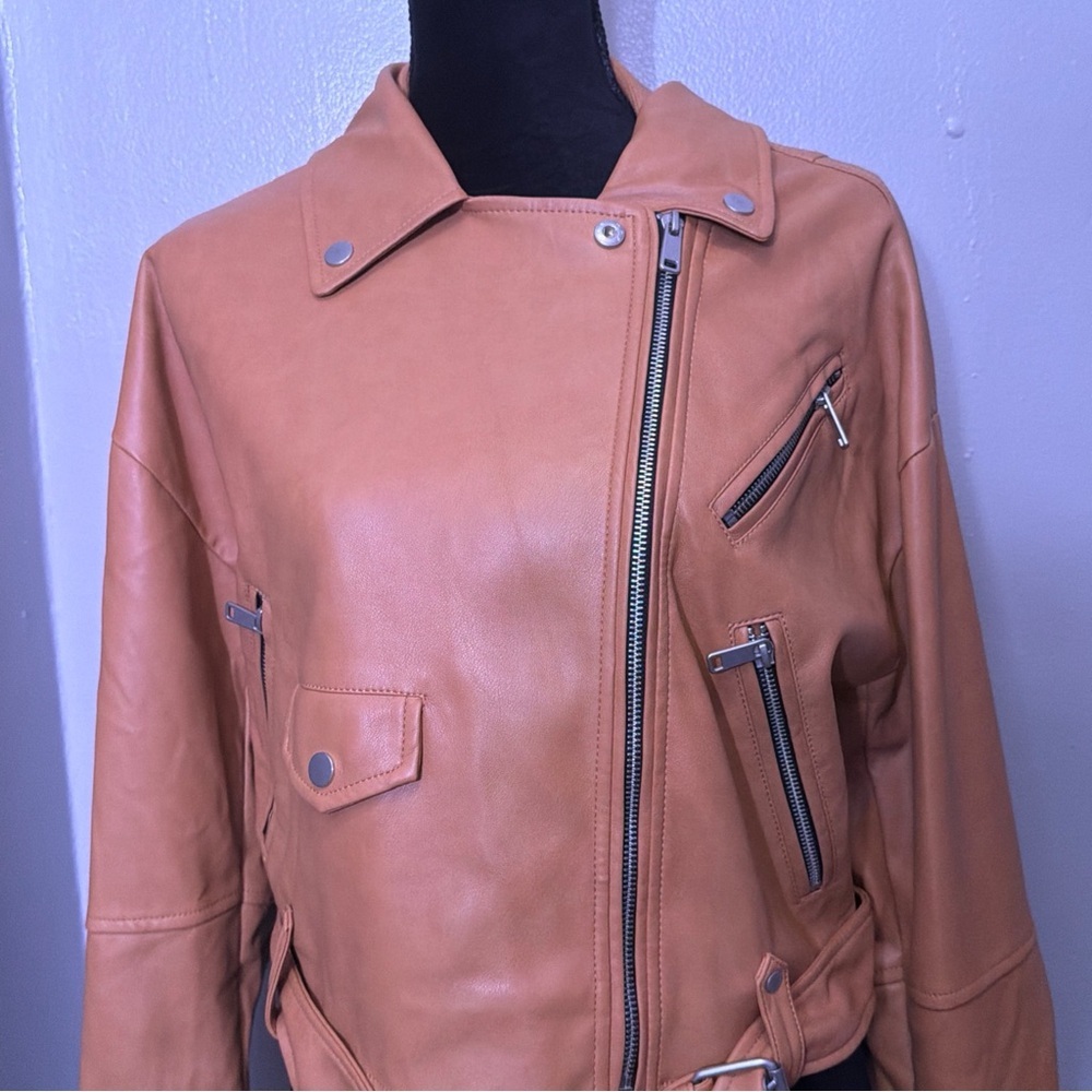 Women's Avec Les Filles Jacket – Camel synthetic leather biker style - Picture 7 of 12